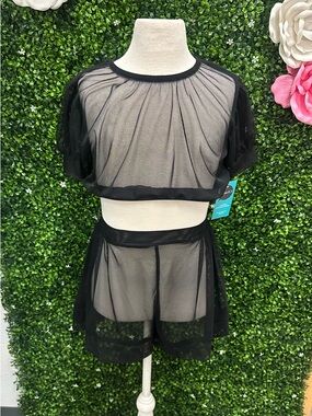 Black Sheer Two-Piece Crop Top & Shorts Set